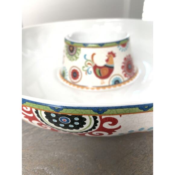 222 FIFTH Suzani Rooster 1 Piece Chip & Dip Serving Bowl Platter 14" Floral EUC - Picture 7 of 14